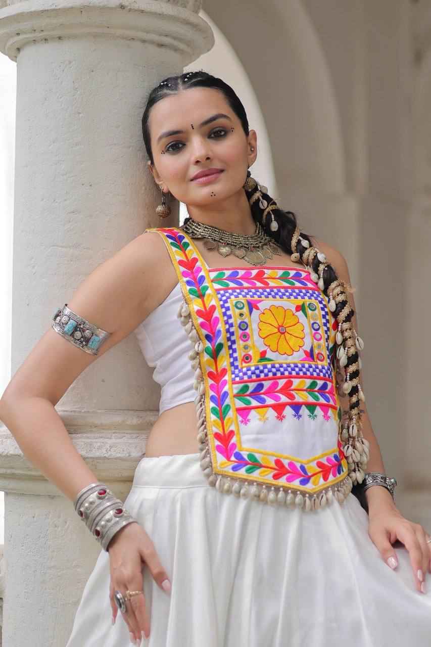 White Pure Satin Kutchi Gamthi Embroidered &amp; Mirror Work Navratri Blouse