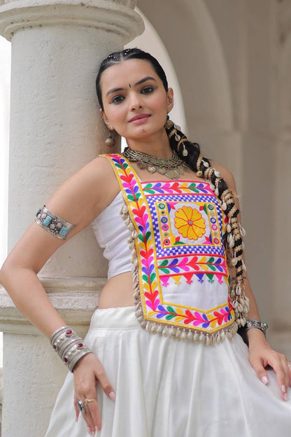 White Pure Satin Kutchi Gamthi Embroidered &amp; Mirror Work Navratri Blouse