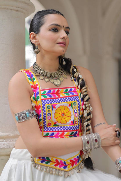 White Pure Satin Kutchi Gamthi Embroidered &amp; Mirror Work Navratri Blouse