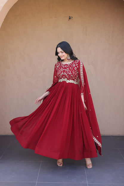 Maroon Pure Faux Blooming Heavy Embroidered Work Anarkali Gown