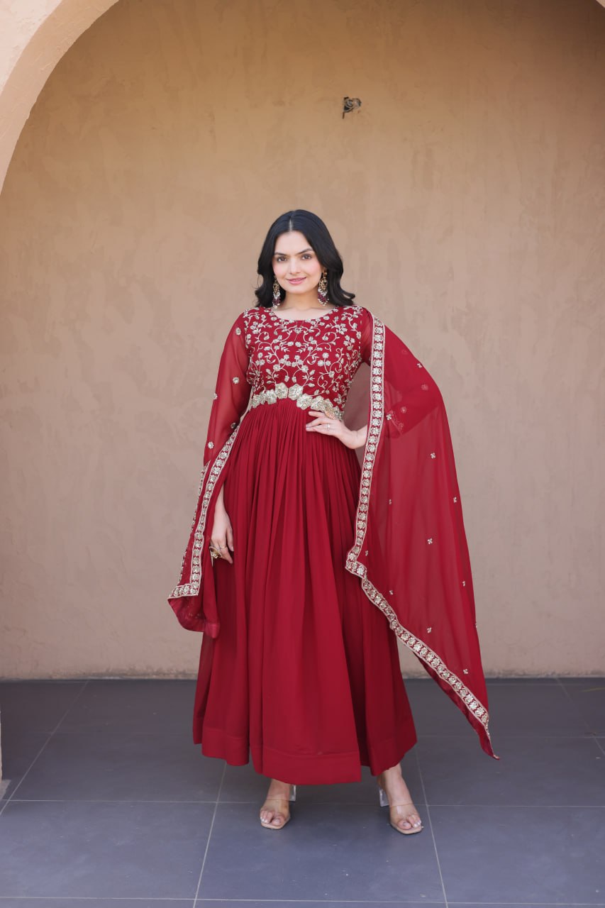 Maroon Pure Faux Blooming Heavy Embroidered Work Anarkali Gown