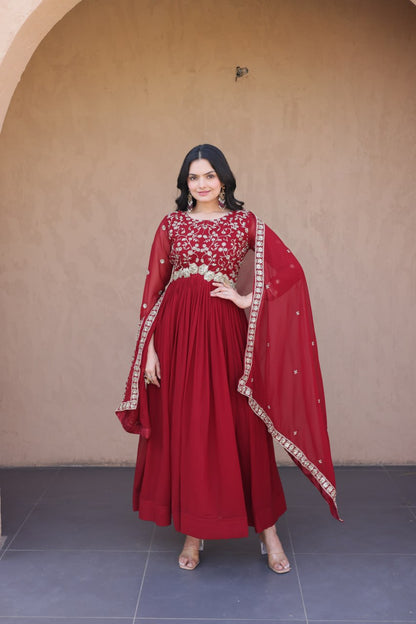 Maroon Pure Faux Blooming Heavy Embroidered Work Anarkali Gown
