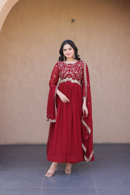 Maroon Pure Faux Blooming Heavy Embroidered Work Anarkali Gown