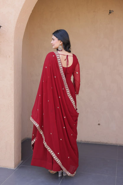 Maroon Pure Faux Blooming Heavy Embroidered Work Anarkali Gown
