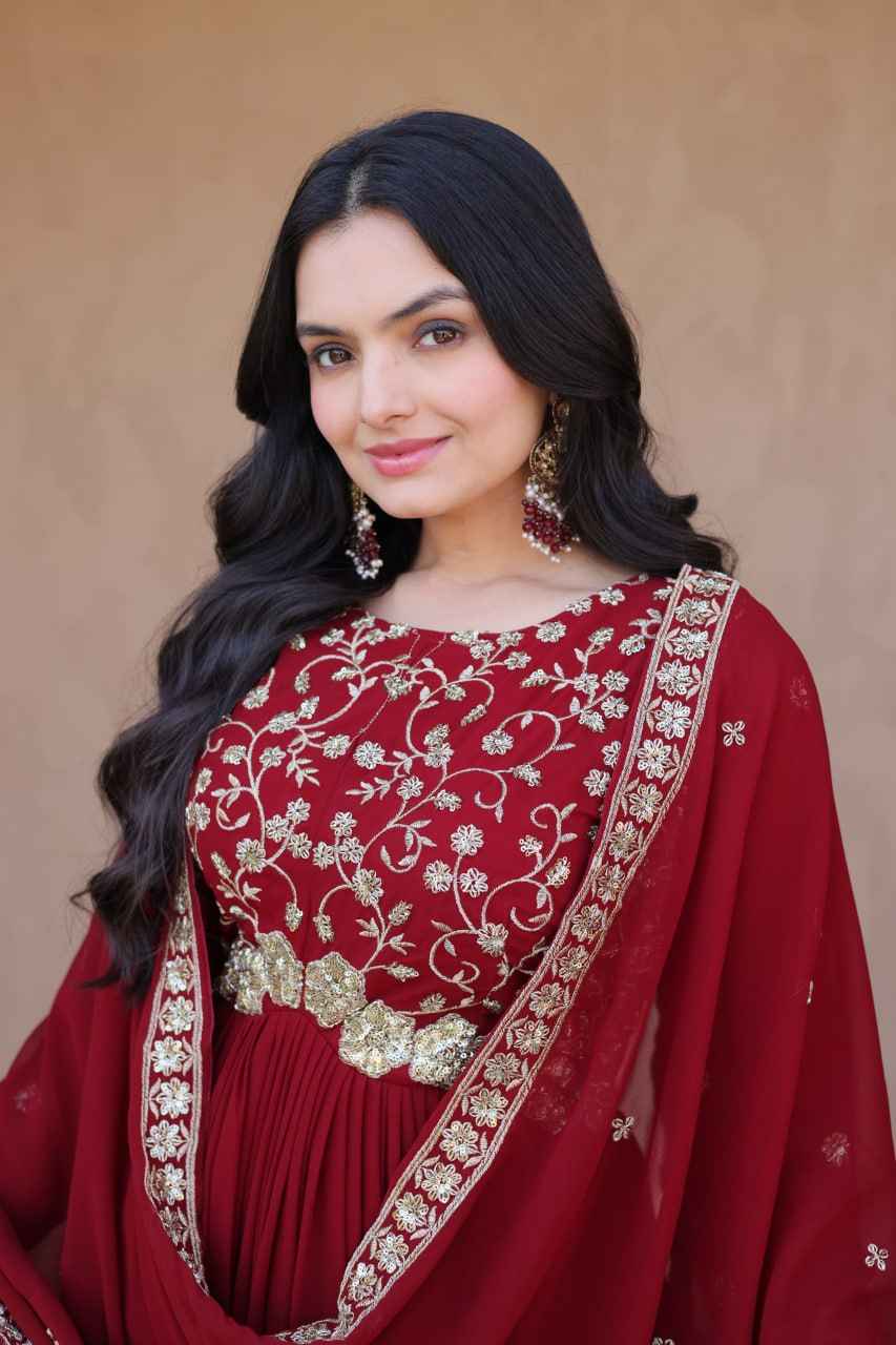 Maroon Pure Faux Blooming Heavy Embroidered Work Anarkali Gown