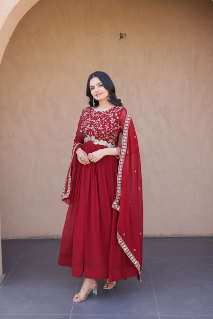Maroon Pure Faux Blooming Heavy Embroidered Work Anarkali Gown