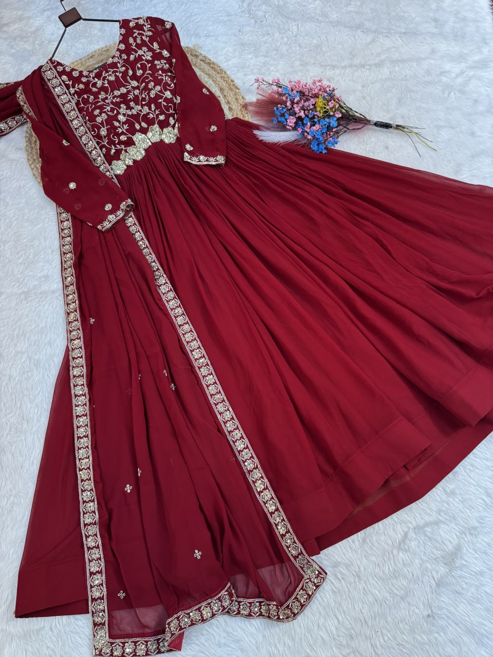 Maroon Pure Faux Blooming Heavy Embroidered Work Anarkali Gown