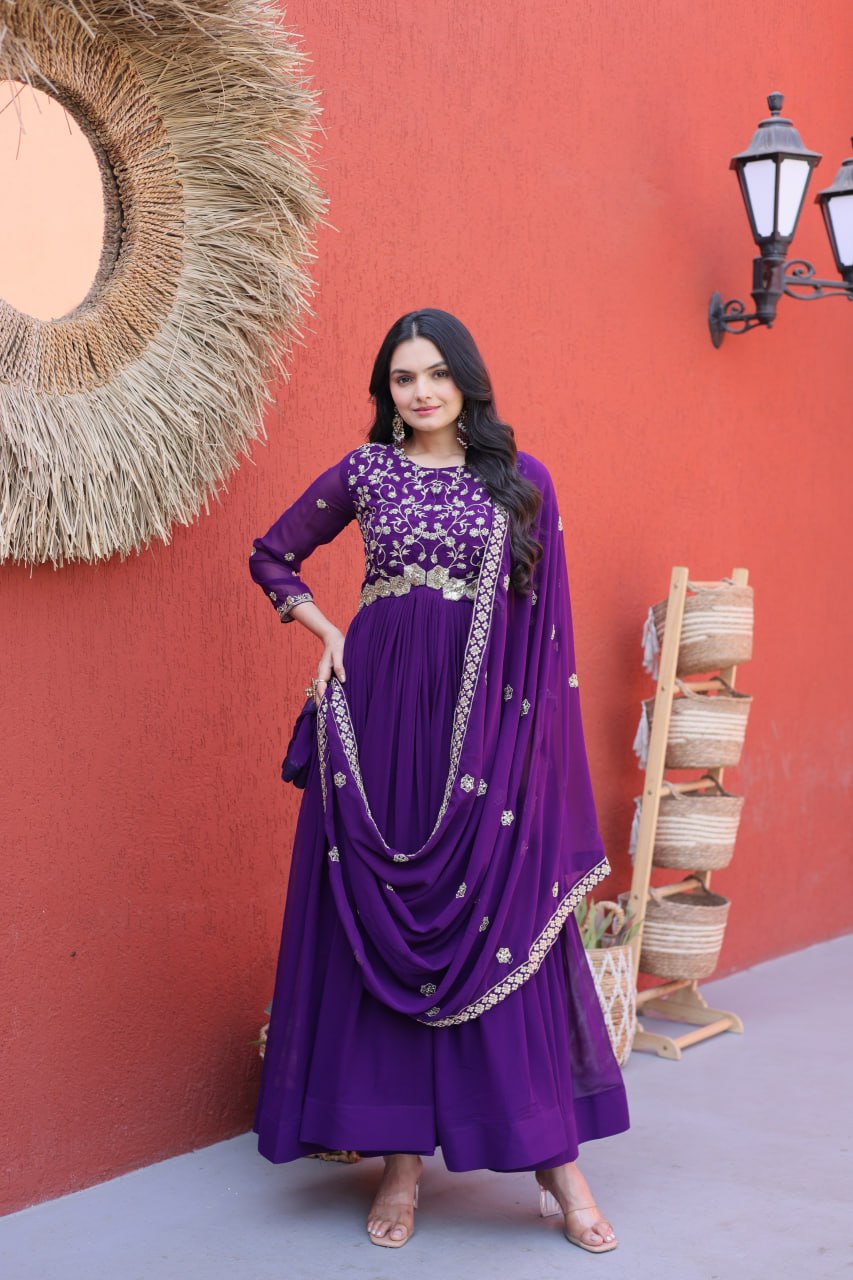 Purple Pure Faux Blooming Heavy Embroidered Work Anarkali Gown