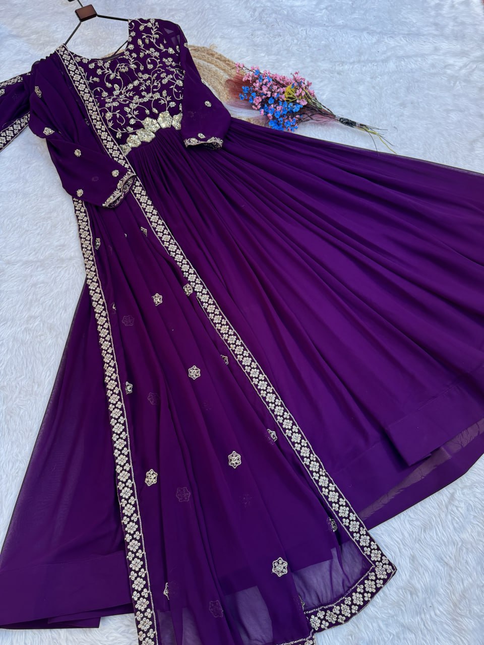 Purple Pure Faux Blooming Heavy Embroidered Work Anarkali Gown