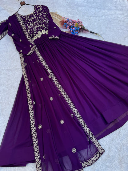 Purple Pure Faux Blooming Heavy Embroidered Work Anarkali Gown