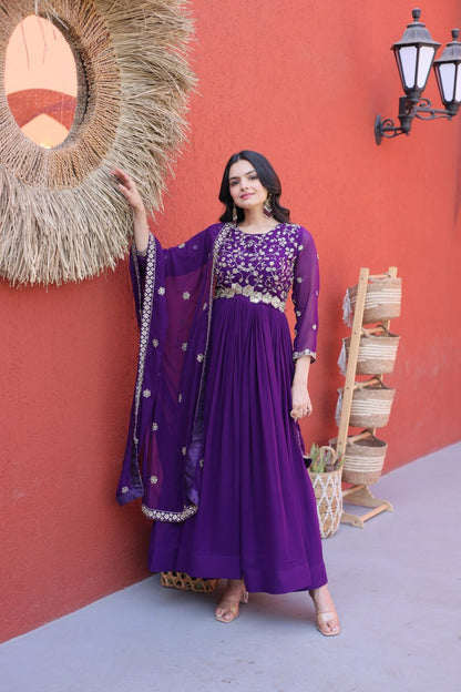Purple Pure Faux Blooming Heavy Embroidered Work Anarkali Gown