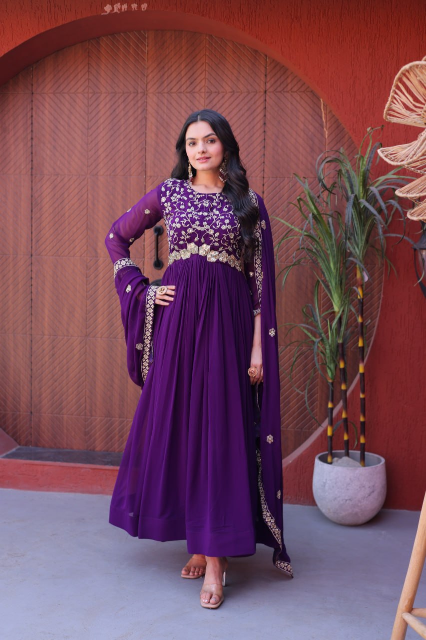 Purple Pure Faux Blooming Heavy Embroidered Work Anarkali Gown