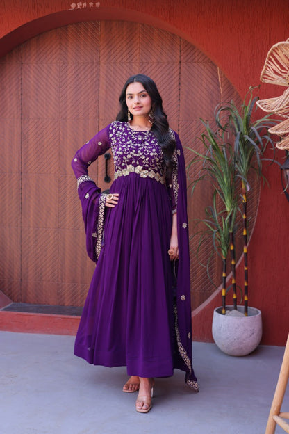 Purple Pure Faux Blooming Heavy Embroidered Work Anarkali Gown