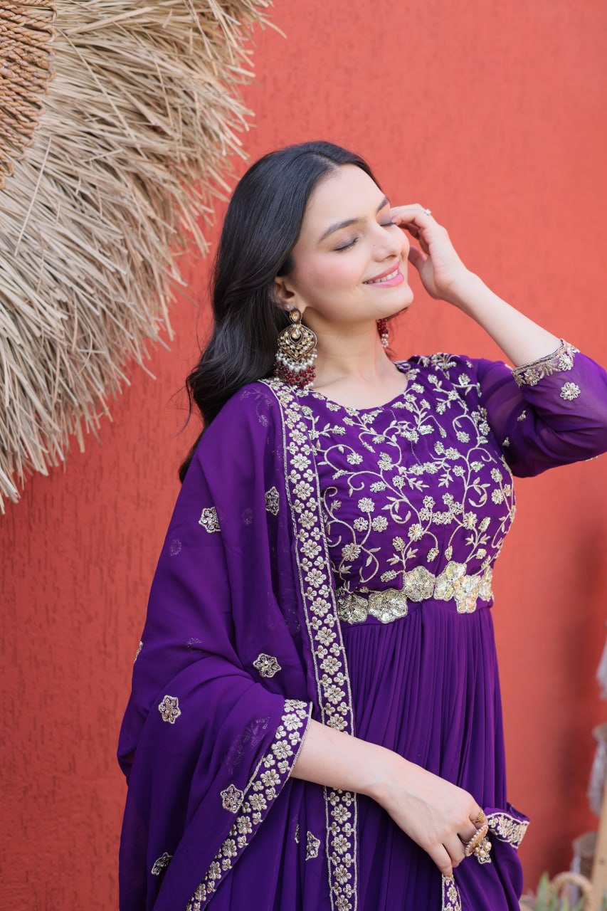Purple Pure Faux Blooming Heavy Embroidered Work Anarkali Gown