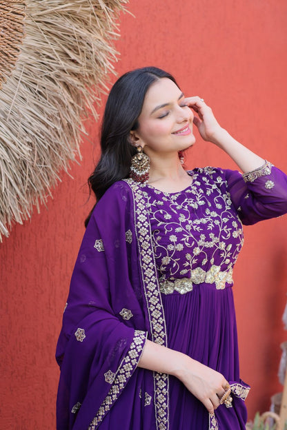 Purple Pure Faux Blooming Heavy Embroidered Work Anarkali Gown