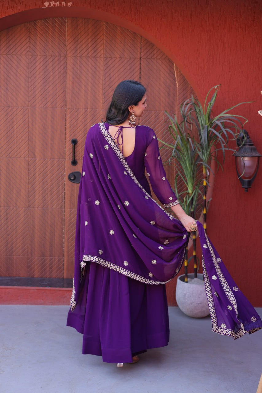 Purple Pure Faux Blooming Heavy Embroidered Work Anarkali Gown