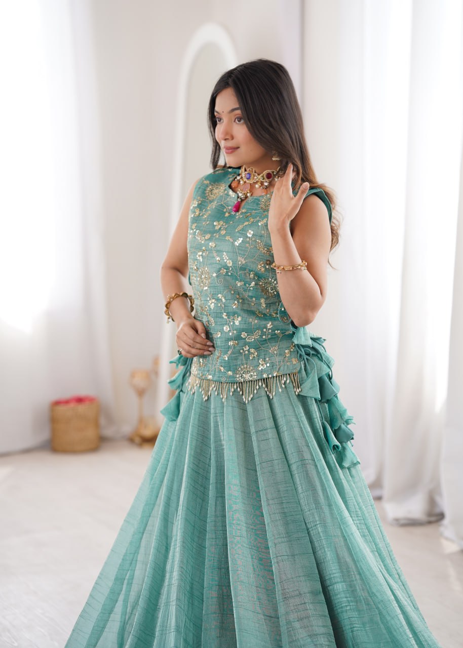 Sky Blue Pure Salsa Crush Elegant Flaired Lehenga Gown