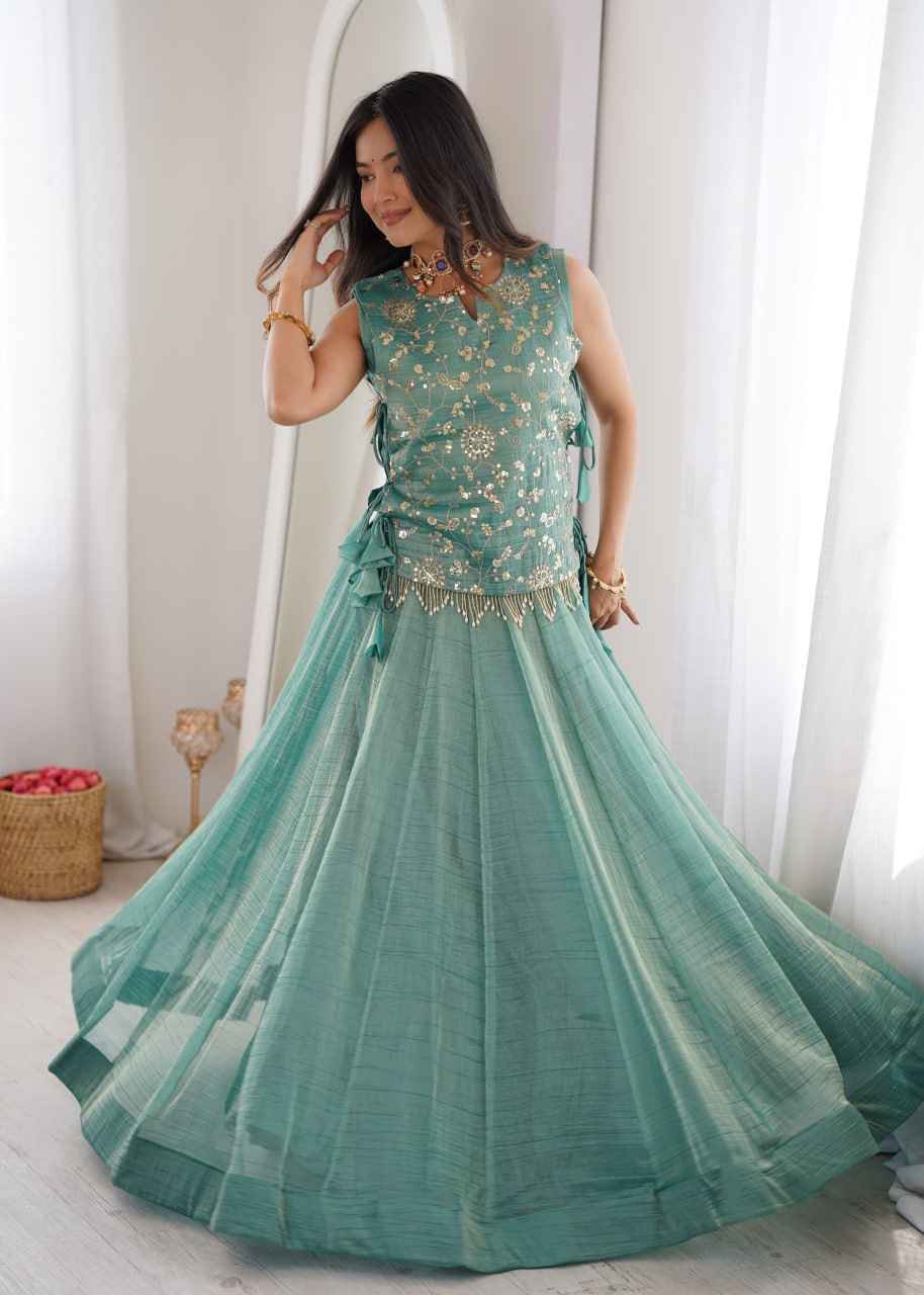 Sky Blue Pure Salsa Crush Elegant Flaired Lehenga Gown