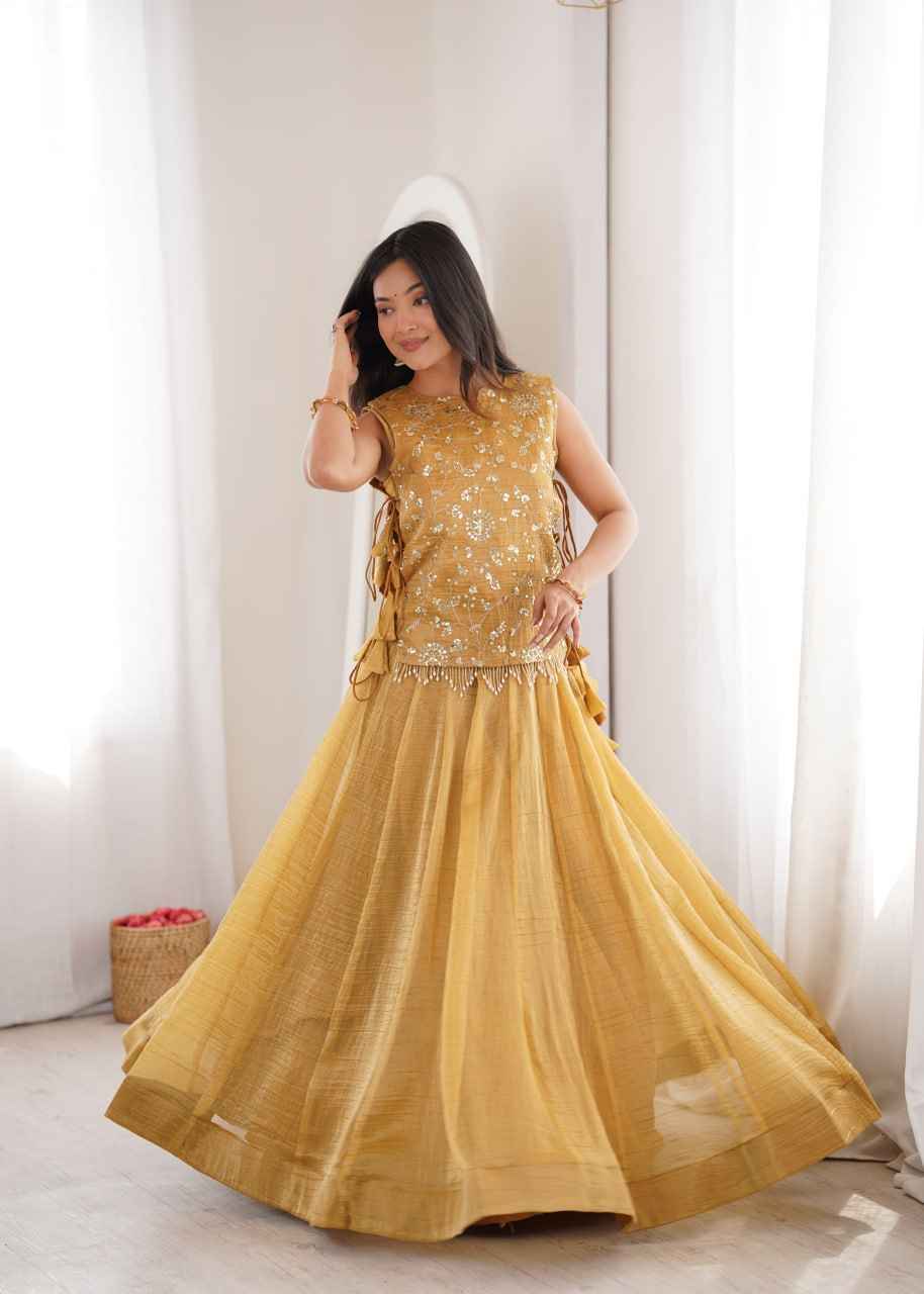 Yellow Gold Pure Salsa Crush Elegant Flaired Lehenga Gown