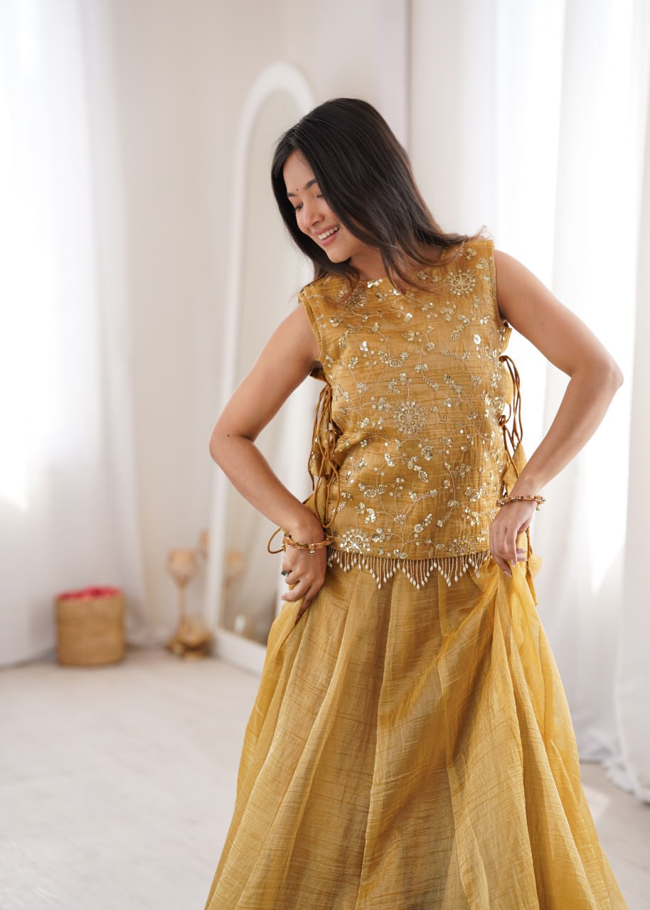 Yellow Gold Pure Salsa Crush Elegant Flaired Lehenga Gown