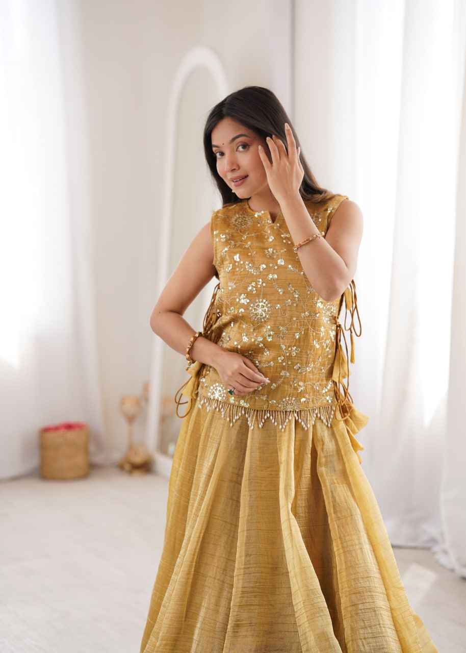 Yellow Gold Pure Salsa Crush Elegant Flaired Lehenga Gown