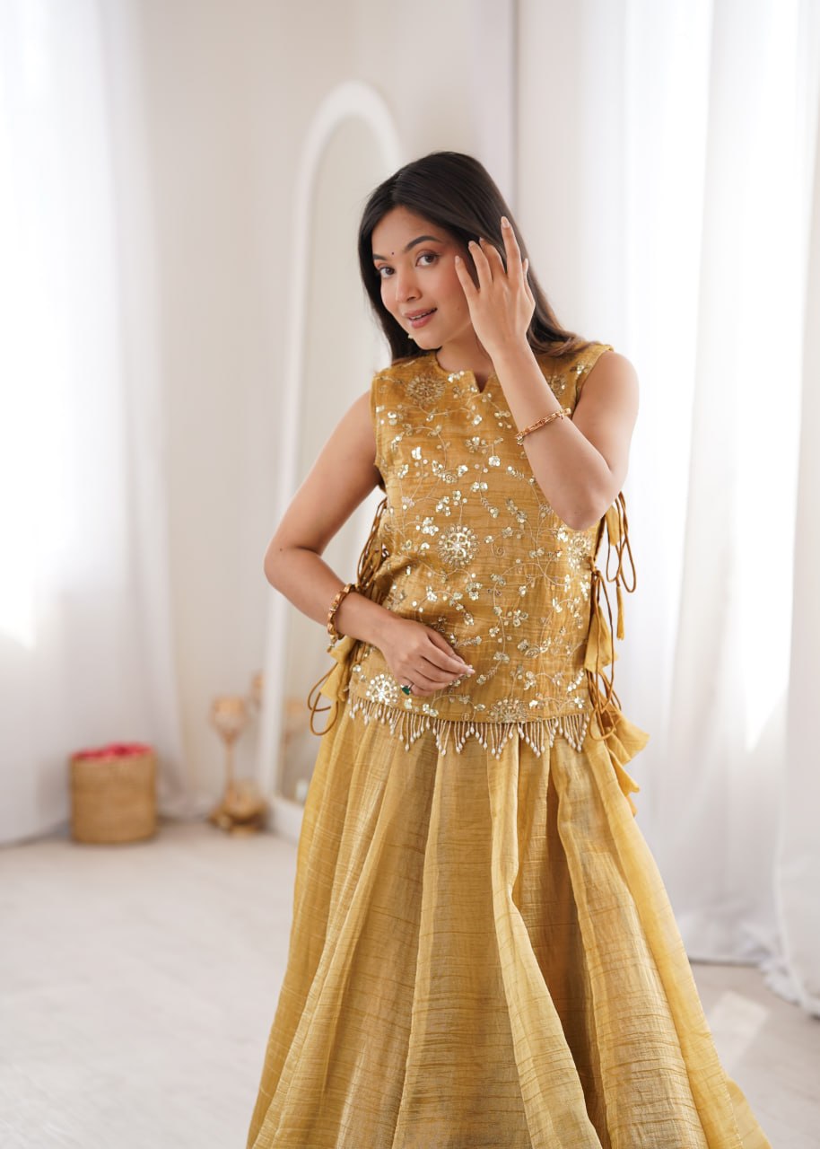 Yellow Gold Pure Salsa Crush Elegant Flaired Lehenga Gown