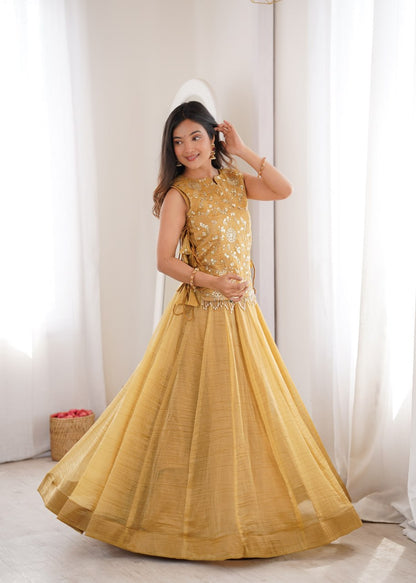 Yellow Gold Pure Salsa Crush Elegant Flaired Lehenga Gown