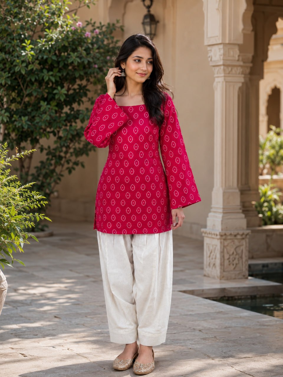 Pink Pure Soft Cotton with Bandhej Print Kurti Pent