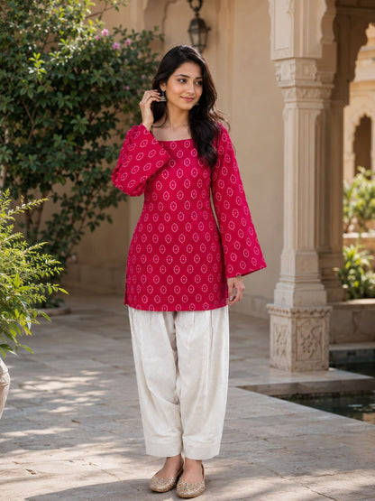 Pink Pure Soft Cotton with Bandhej Print Kurti Pent