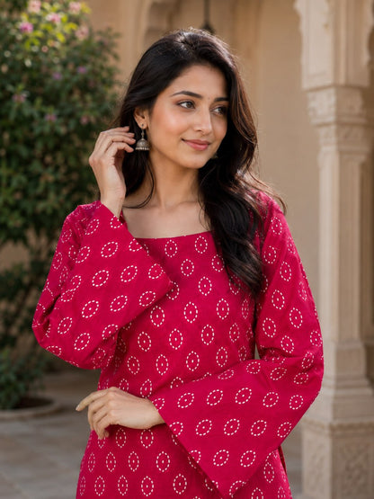 Pink Pure Soft Cotton with Bandhej Print Kurti Pent