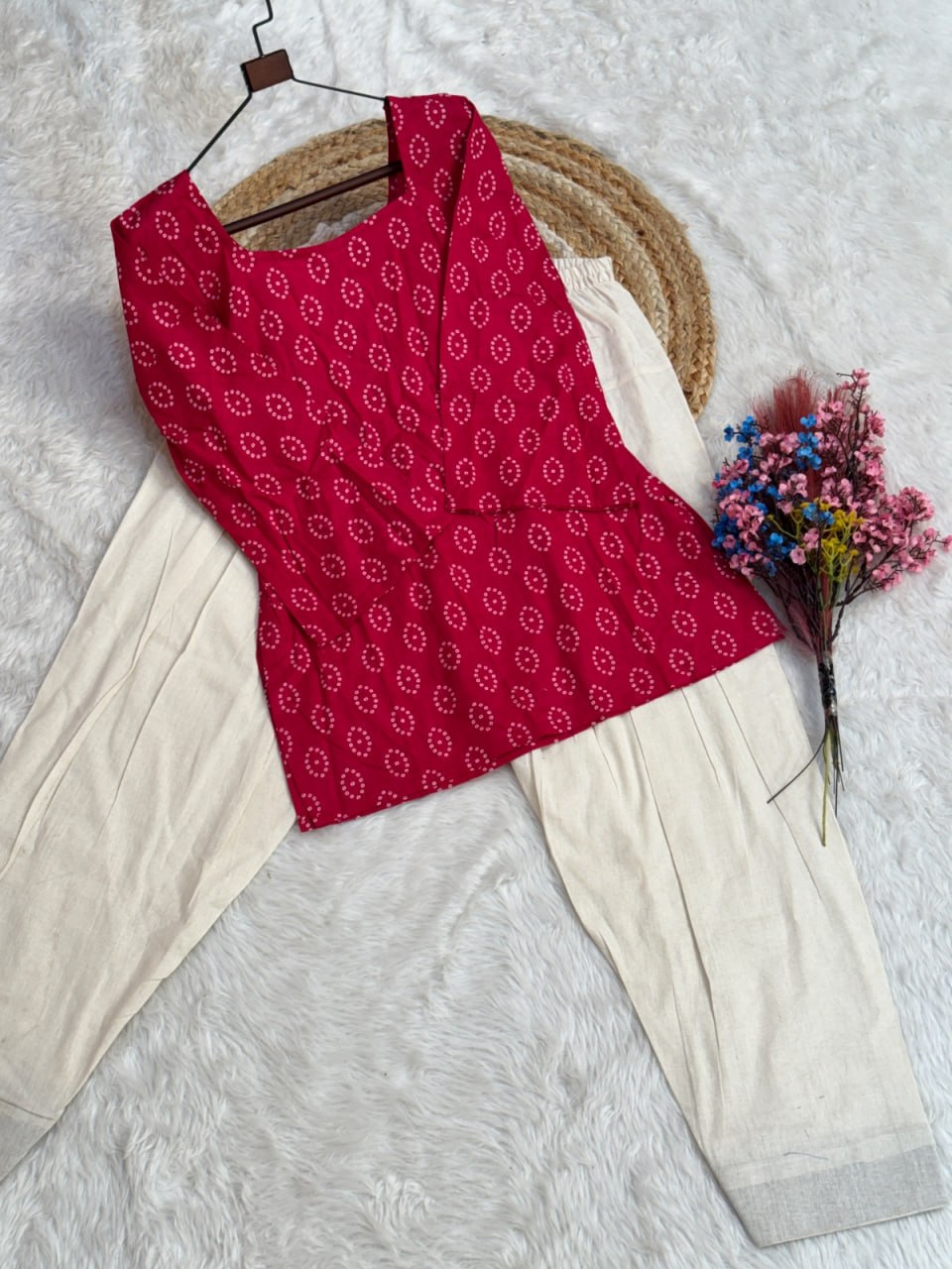 Pink Pure Soft Cotton with Bandhej Print Kurti Pent