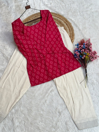 Pink Pure Soft Cotton with Bandhej Print Kurti Pent