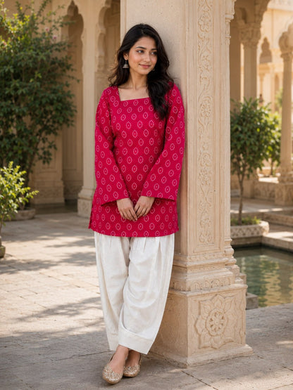 Pink Pure Soft Cotton with Bandhej Print Kurti Pent