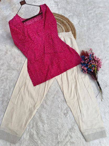 Pink Pure Soft Cotton with Bandhej Print Kurti Pent