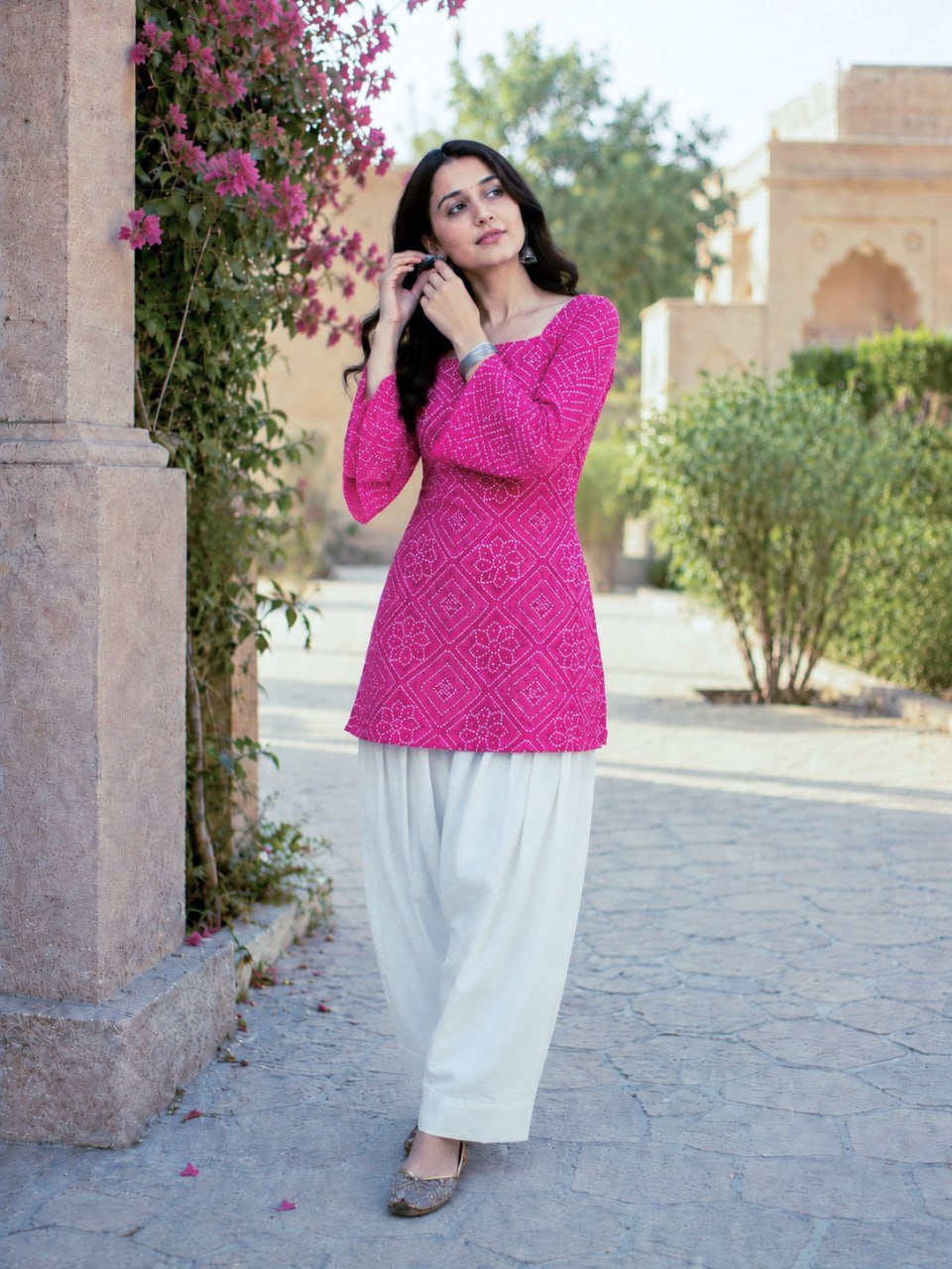Pink Pure Soft Cotton with Bandhej Print Kurti Pent
