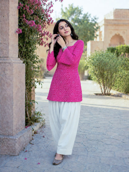 Pink Pure Soft Cotton with Bandhej Print Kurti Pent