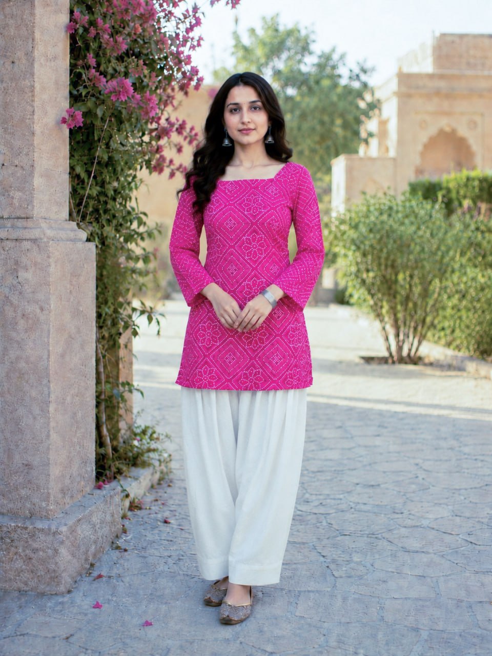 Pink Pure Soft Cotton with Bandhej Print Kurti Pent