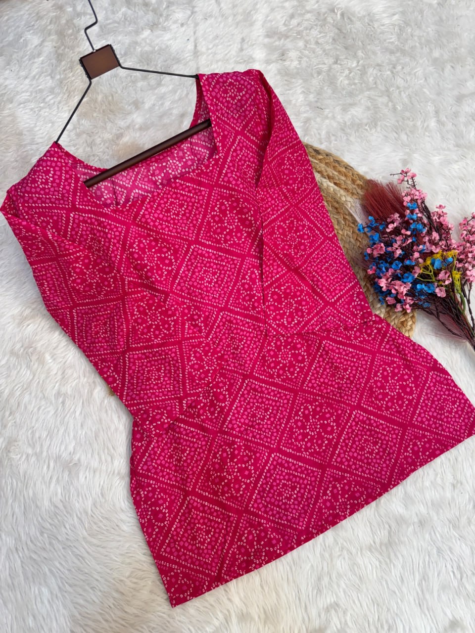 Pink Pure Soft Cotton with Bandhej Print Kurti Pent