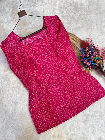 Pink Pure Soft Cotton with Bandhej Print Kurti Pent