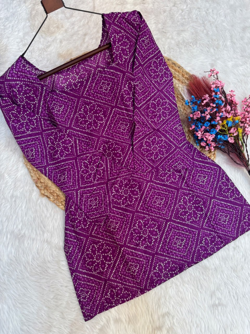 Purple Pure Soft Cotton with Bandhej Print Kurti Pent
