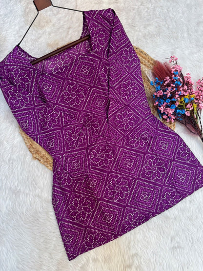 Purple Pure Soft Cotton with Bandhej Print Kurti Pent