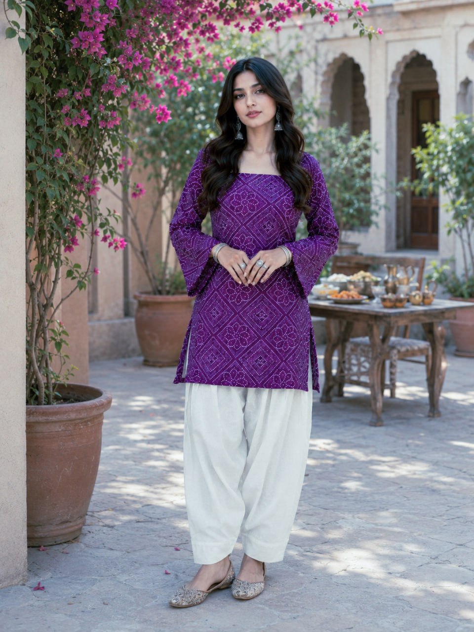Purple Pure Soft Cotton with Bandhej Print Kurti Pent