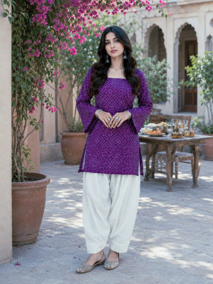 Purple Pure Soft Cotton with Bandhej Print Kurti Pent