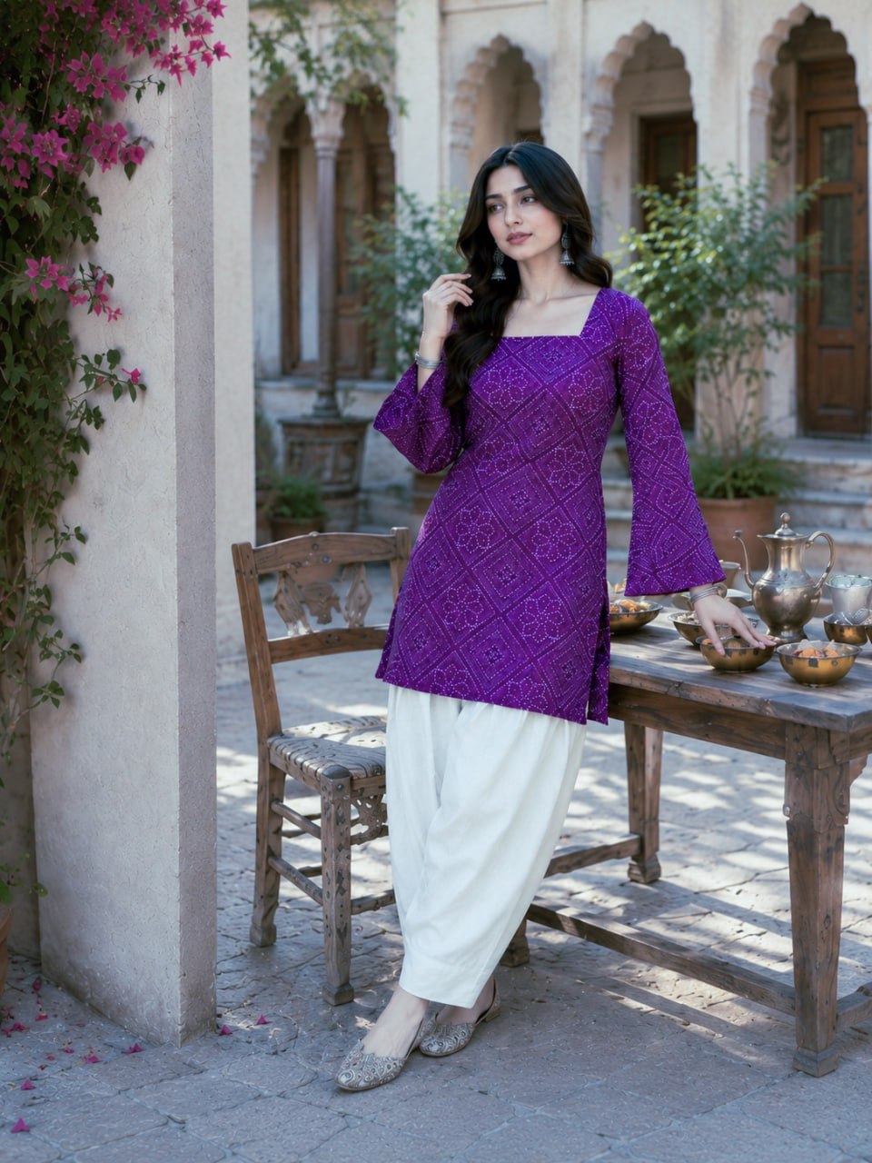 Purple Pure Soft Cotton with Bandhej Print Kurti Pent