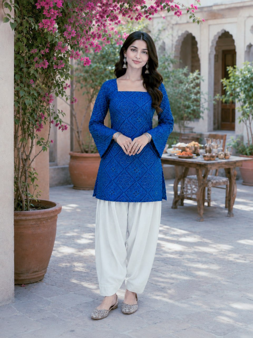 Blue Pure Soft Cotton with Bandhej Print Kurti Pent