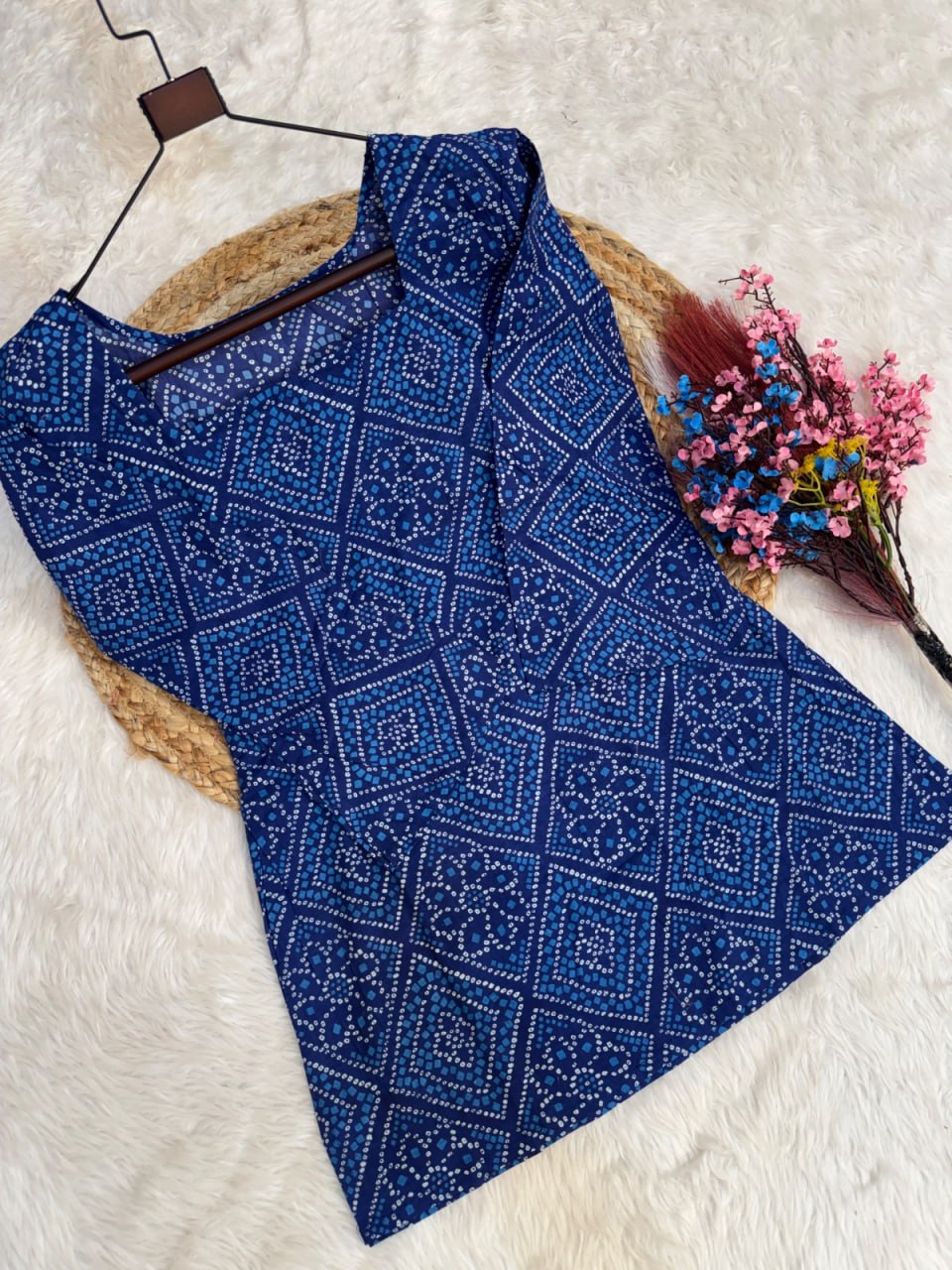 Blue Pure Soft Cotton with Bandhej Print Kurti Pent