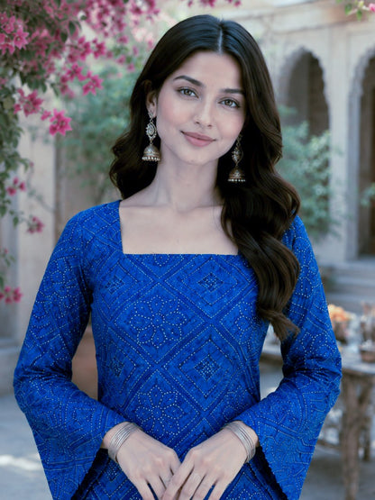 Blue Pure Soft Cotton with Bandhej Print Kurti Pent