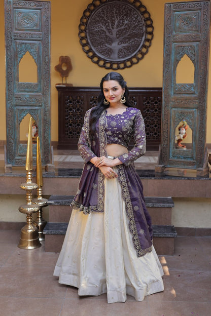 Purple Pure Cosmos with Zari &amp; Sequins Embroidery Work Navratri Lehenga Choli