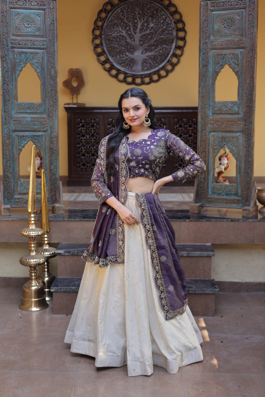 Purple Pure Cosmos with Zari &amp; Sequins Embroidery Work Navratri Lehenga Choli
