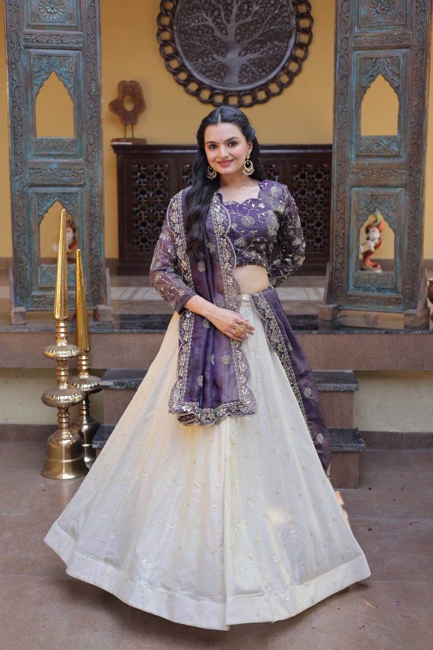 Purple Pure Cosmos with Zari &amp; Sequins Embroidery Work Navratri Lehenga Choli